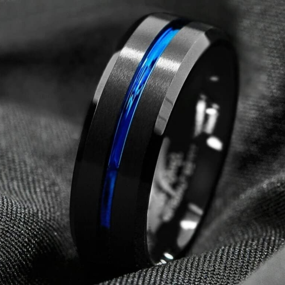 8MM NWT Stainless Steel Black with Center Blue Streak Ring, Size 10 - Picture 4 of 8